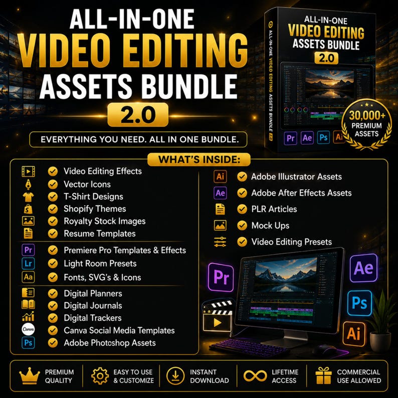 May include: An advertisement for a video editing assets bundle. The image displays the text "ALL-IN-ONE VIDEO EDITING ASSETS BUNDLE 2.0" in gold. The bundle includes video editing effects, vector icons, T-shirt designs, and other digital assets. A computer screen with video editing software is also shown.