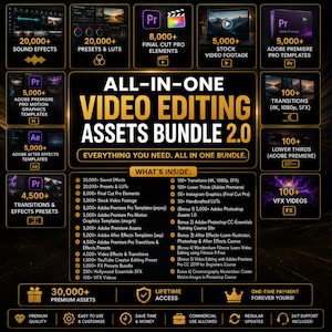 May include: A graphic for an all-in-one video editing assets bundle 2.0, featuring text and icons. It includes 20,000+ sound effects, 20,000+ presets & LUTs, 8,000+ final cut pro elements, and 5,000+ stock video footage. Lifetime access and commercial use are included.