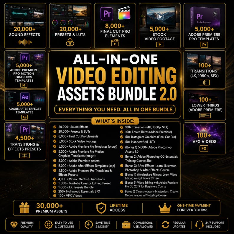 May include: A graphic for an all-in-one video editing assets bundle 2.0, featuring text and icons. It includes 20,000+ sound effects, 20,000+ presets & LUTs, 8,000+ final cut pro elements, and 5,000+ stock video footage. Lifetime access and commercial use are included.