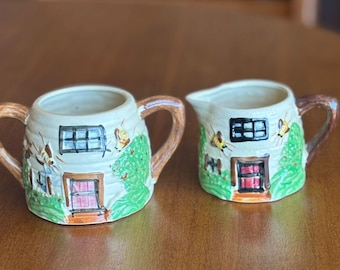 Zestaw dzbanek na mleko i cukierniczka Vintage Cottage – para ręcznie malowanych ceramicznych dzbanków na mleko, rustykalny wystrój kuchni w stylu angielskim