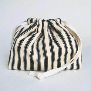 Black Striped Canvas Drawstring Bag : Small Cotton Storage Pouch