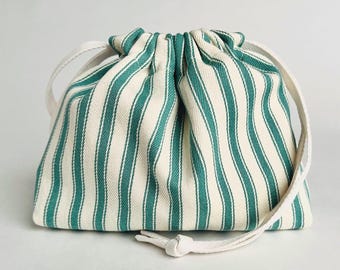 Green Striped Canvas Drawstring Bag: Small Cotton Storage  display picture 3