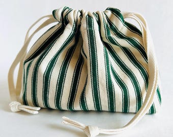 Green Striped Canvas Drawstring Bag: Small Cotton Storage Pouch