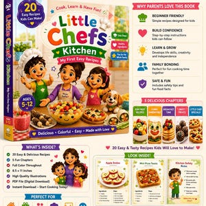 Puede incluir: Un libro de cocina digital titulado Little Chefs Kitchen para niños de 5 a 12 años, con 20 recetas fáciles, ilustraciones coloridas de niños cocinando y secciones sobre seguridad, ingredientes y pasos de 21,6 x 27,9 cm.
