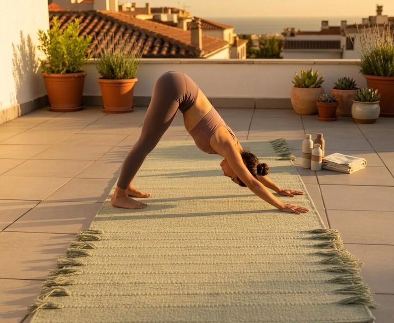 May include: A light green rectangular yoga mat with fringed edges on the short sides. The mat features a textured, woven surface pattern and is laid out flat on a tiled surface, providing a base for a person performing a downward-facing dog pose.