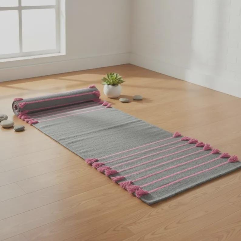 May include: A rectangular runner rug featuring a gray base with horizontal pink stripes and pink tassels along the edges. The rug is partially rolled at one end, revealing a consistent gray and pink color scheme throughout the woven fabric design.