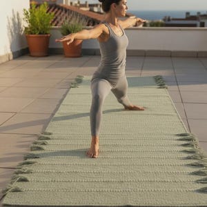 May include: A rectangular sage green yoga mat featuring a textured surface and decorative fringe tassels along both long edges. The mat is laid out flat, providing a stable base for exercise, with a consistent woven pattern throughout the material.