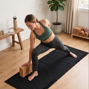 May include: A rectangular black yoga mat with a textured surface and fringed edges, featuring thin white horizontal stripes. A light brown cork yoga block with a small logo is placed on the mat, providing support during a yoga pose.