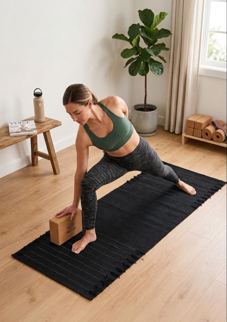 May include: A rectangular black yoga mat with a textured surface and fringed edges, featuring thin white horizontal stripes. A light brown cork yoga block with a small logo is placed on the mat, providing support during a yoga pose.