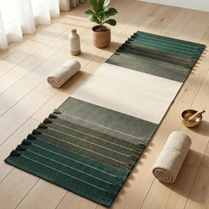 May include: A rectangular yoga mat featuring a gradient of forest green to olive green tones with a large cream-colored center section. The mat is finished with decorative fringe along the short edges and includes thin white horizontal stitched lines.