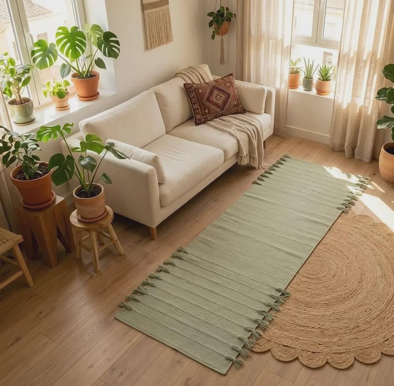 May include: A long, rectangular sage green runner rug featuring a textured surface with horizontal stripes and decorative tassels along both sides, positioned on a light-colored wooden floor in front of a cream-colored sofa and a round jute rug.