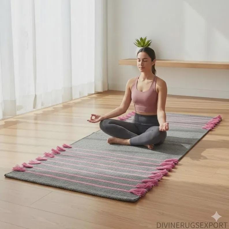Organic Cotton Handwoven Yoga Mat, Anti-Slip Exercise Meditation Rug, 2x6 Ft image 4