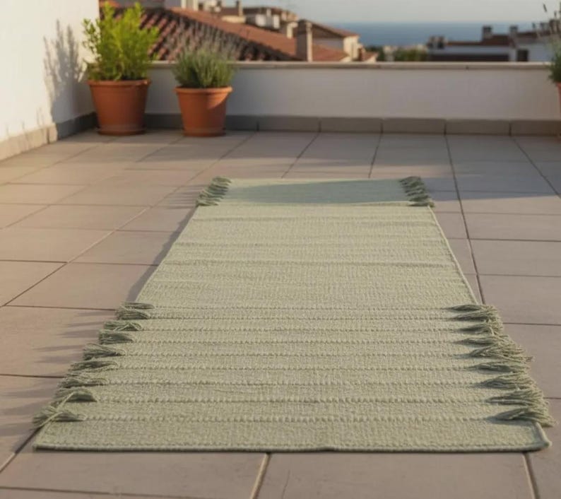 May include: A rectangular sage green runner rug featuring a textured woven surface and decorative fringe tassels along both of the shorter ends. The rug is laid out flat on a tiled surface, displaying a consistent light green color throughout.