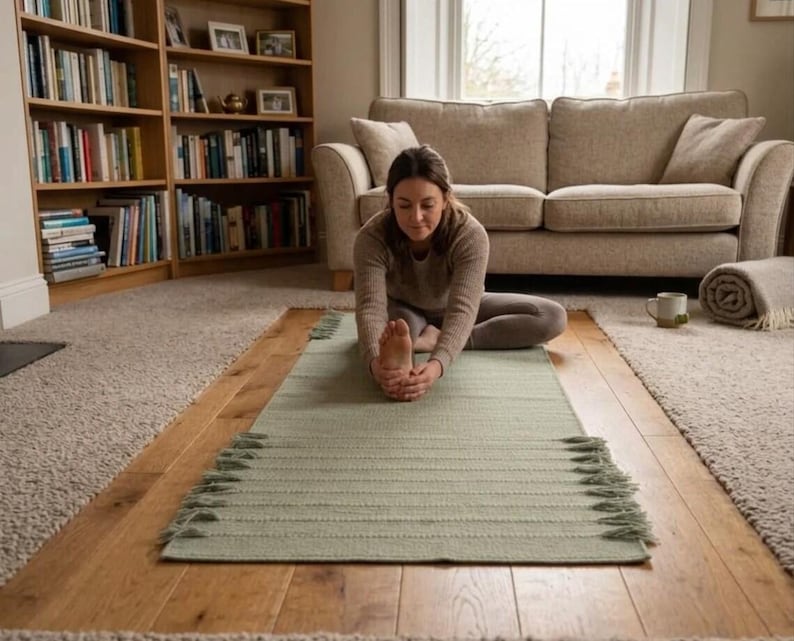 May include: A rectangular sage green woven mat featuring a textured surface with horizontal ribbed lines and decorative fringe detailing along the side edges, laid flat on a wooden floor surface for use as a floor covering or exercise accessory.