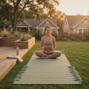 May include: A light green rectangular yoga mat with fringed edges on the short sides, featuring a textured woven surface. The mat is positioned on a grassy lawn, providing a flat surface for exercise, with a neutral color palette and visible weave.