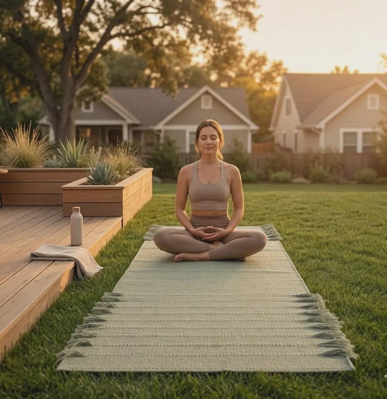 May include: A light green rectangular yoga mat with fringed edges on the short sides, featuring a textured woven surface. The mat is positioned on a grassy lawn, providing a flat surface for exercise, with a neutral color palette and visible weave.