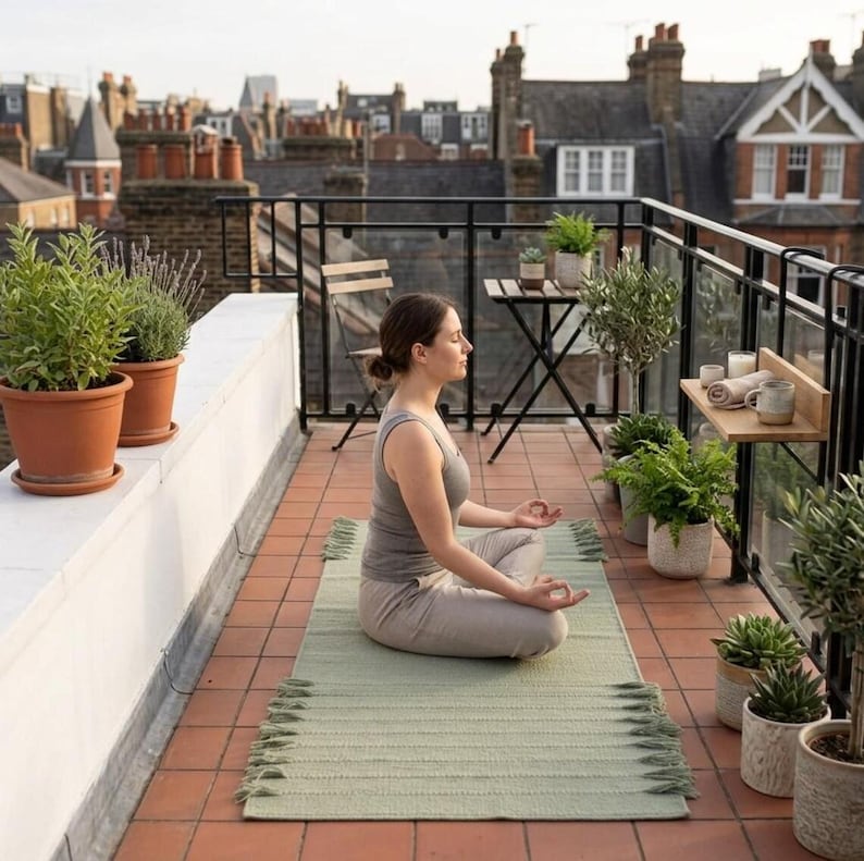 May include: A sage green rectangular yoga mat with fringed ends, featuring a textured woven surface. The mat is positioned on a terracotta-tiled rooftop terrace surrounded by various potted plants, a small wooden table, and a chair.