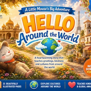 Hello Around the World kinderboek pdf, educatief kinderverhalenboek, afdrukbaar prentenboek voor het slapengaan 3-7 jaar