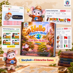 May include: A children's book titled Hello Around the World: A Little Mouse's Big Adventure by Eric Rogen, featuring a mouse character, four interactive game screens, and a stack of five books labeled India, Spain, Italy, France, and Morocco.