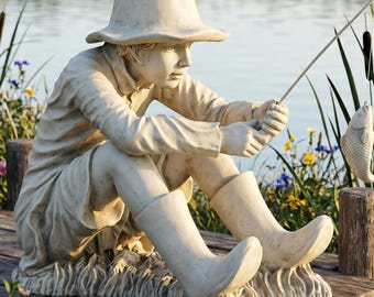 Fisherman Boy Garden Statue: Cast Stone Resin Sculpture, Two Tone Finish (17 Inch)