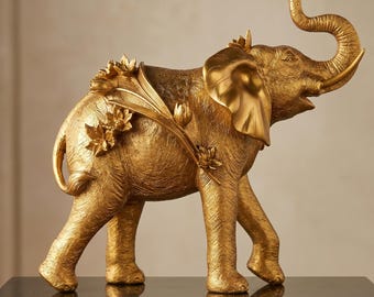 Gold Resin Elephant Sculpture Floral Accents, Large Luxe Animal Statue Home Decor (22x9x19 Inch)