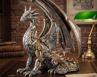 Steampunk Dragon Statue: Gothic Mechanical Gear Resin Sculpture, Metallic Look Decor