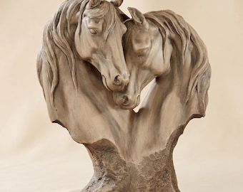 Nuzzling Horses Resin Sculpture, Tan Light Brown Equine Bust, Heart-Shaped Table Decor
