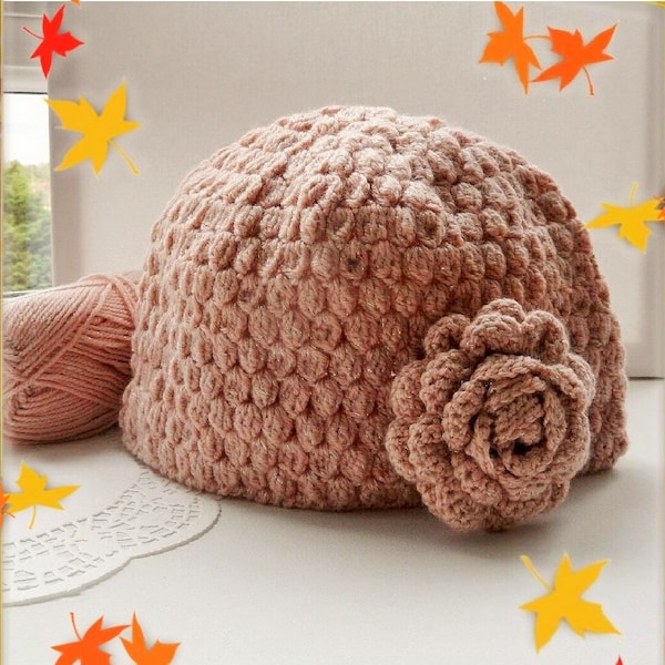 Bonnet au crochet pour femme - Casquette au crochet - Chapeau rose blush - Chapeau d’automne - Bonnet au crochet avec broche à fleurs