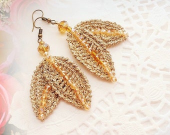 Crochet Earrings - Beaded Earrings - Golden Leaf Earrings - Dangle Earrings - Sparkly Earrings - Party Earrings