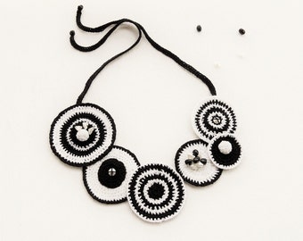 Crochet  Statement Necklace - Circle Necklace - Black White Necklace -Choker - Monochrome Necklace