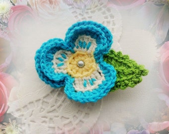 Crochet Pansy Brooch  - Crochet Applique - Turquoise Pansy Viola Flower