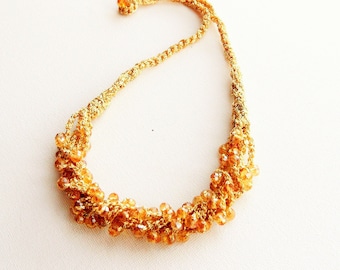 Crochet Necklace - Statement Necklace - Beaded Necklace - Shimmer Necklace - Multi Strand Necklace - Golden Necklace