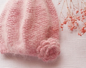 Women's Knitted Beret - French Beret - Pink Beret - Angora Rabbit Beret - Blush Pink Beret - Knit Cap - Fluffy Wool Beret