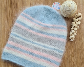 Women's Knitted Hat -  Angora Wool Beanie - Striped Beanie - Pastel  Knit Cap - Fluffy Wool Hat - Christmas Gift