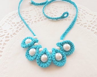 Crochet Necklace - Cotton Necklace - Turquoise Necklace - Pearl Necklace - Summer Style - Handmade Necklace