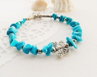 Turquoise Chips Bracelet - Stone Bracelet - Wire Bracelet - Birthstone Bracelet - Butterfly Bracelet - Bangle - Charm Bracelet