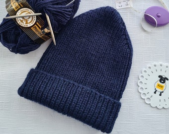 Women's Knitted Hat - Foldower Hat - Merino Wool Hat - Wool Hat - Ribbed Hat - Navy Beanie - Knit Beanie - Knit Cap