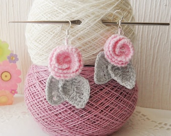 Crochet Earrings - Roses Earrings - Dangle Earrings - Pink Earrings - Shabby Roses - Summer Jewellery