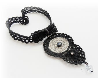 Crochet Choker - Natural Linen Necklace - Black Choker - Pendant Necklace - Bow Necklace - Lace Necklace- Halloween Necklace