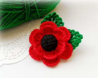 Crochet Poppy - Remembrance Day Brooch - Red Poppy Flower - Corsage Brooch - MADE TO ORDER