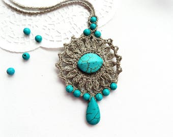 Crochet Necklace - Natural Linen Necklace-  Linen Turquoise Necklace - Mandala Necklace - Long Necklace - Ethnic Necklace -Earthy Necklace