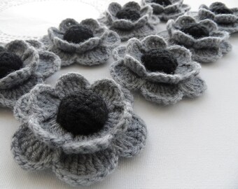 Crochet Flowers - Crochet Applique Brooches -  Grey Flowers - Crochet  Flowers - Gift Decoration, Housewarming