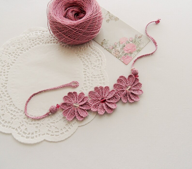Crochet Necklace Floral Necklace Crochet Flowers Necklace Linen Necklace Mauve Necklace Handmade Jewellery