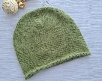 Women's Knitted Hat -  Angora Wool Beanie - Sage Green Beanie - Green Knit Cap - Fluffy Wool Hat - Large Size - Christmas Gift