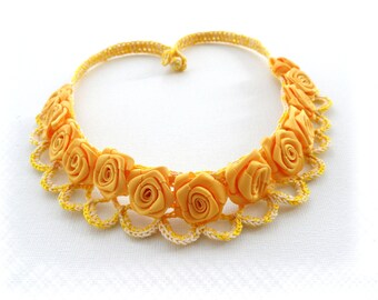 Crochet Necklace - Linen Necklace - Yellow Roses Necklace Choker