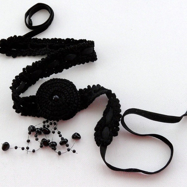 Crochet Necklace - Black Necklace - Goth Choker - Beaded Necklace