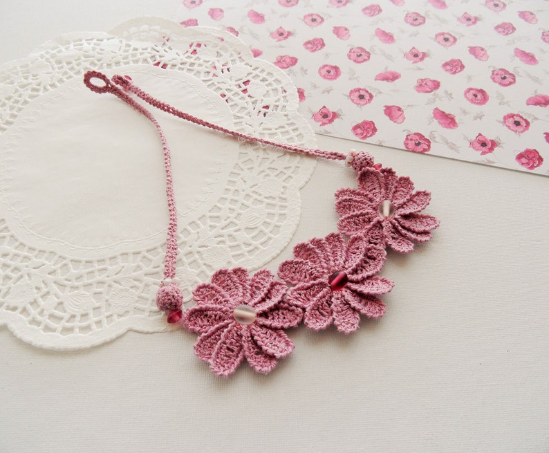 Crochet Necklace Floral Necklace Crochet Flowers Necklace Linen Necklace Mauve Necklace Handmade Jewellery