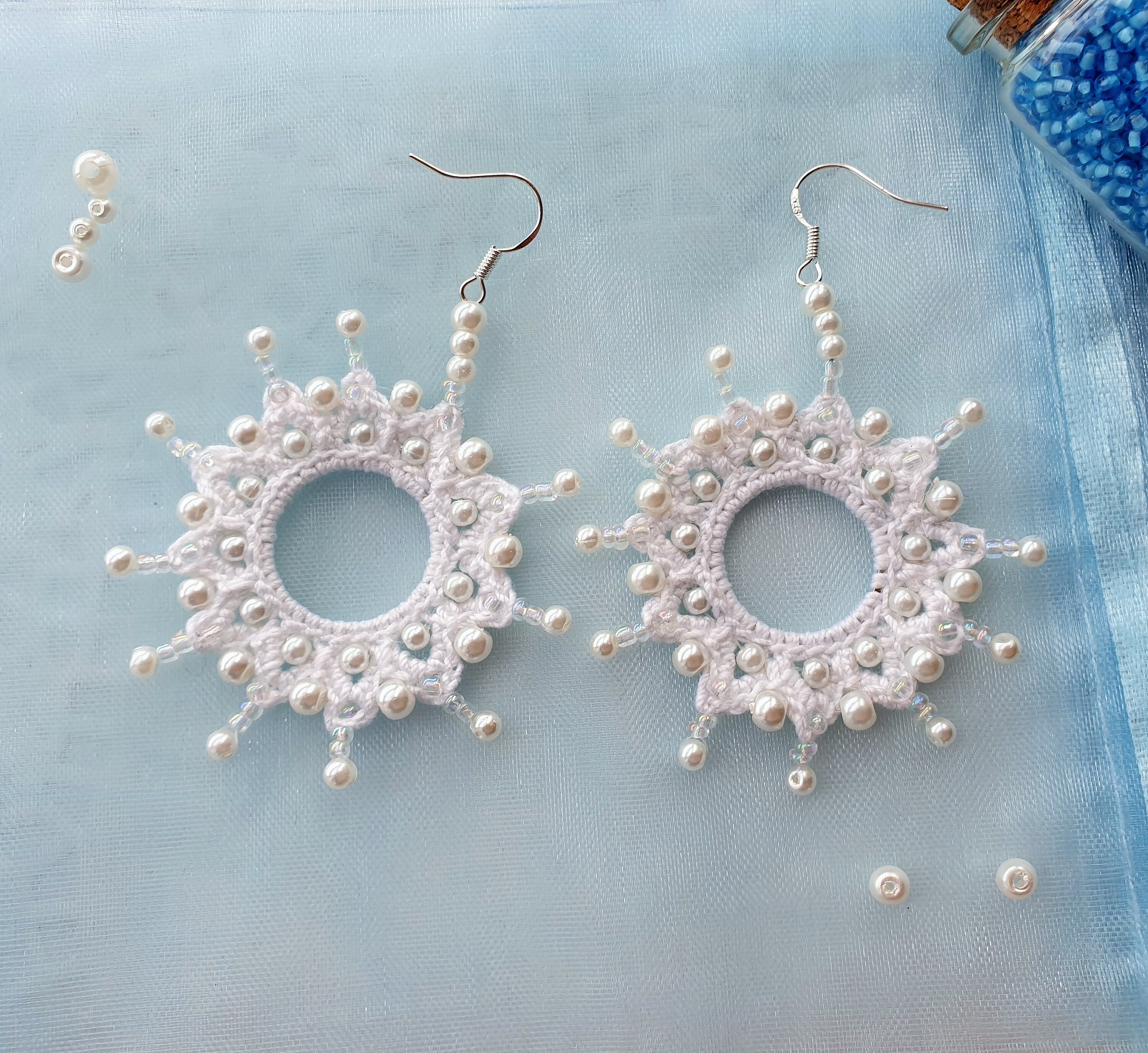 Crochet Hoop Earrings Beaded Earrings Cotton Earrings Snowflake ...