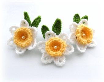 Crochet Applique Daffodil Flowers - Crochet Daffodil Brooches - Set of 3 - Made to Order