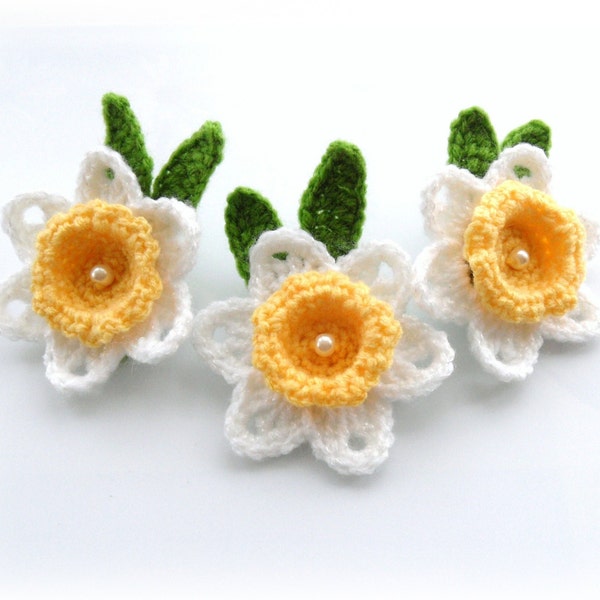 Crochet Applique Daffodil Flowers - Crochet Daffodil Brooches - Set of 3 - Made to Order